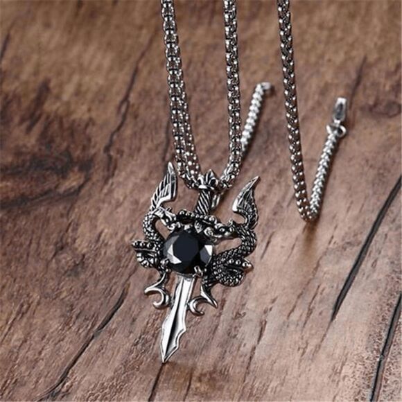 STAINLESS STEEL BLACK DIAMOND TWIN DRAGON CROSS SWORD NECKLACE - Picture 1 of 7